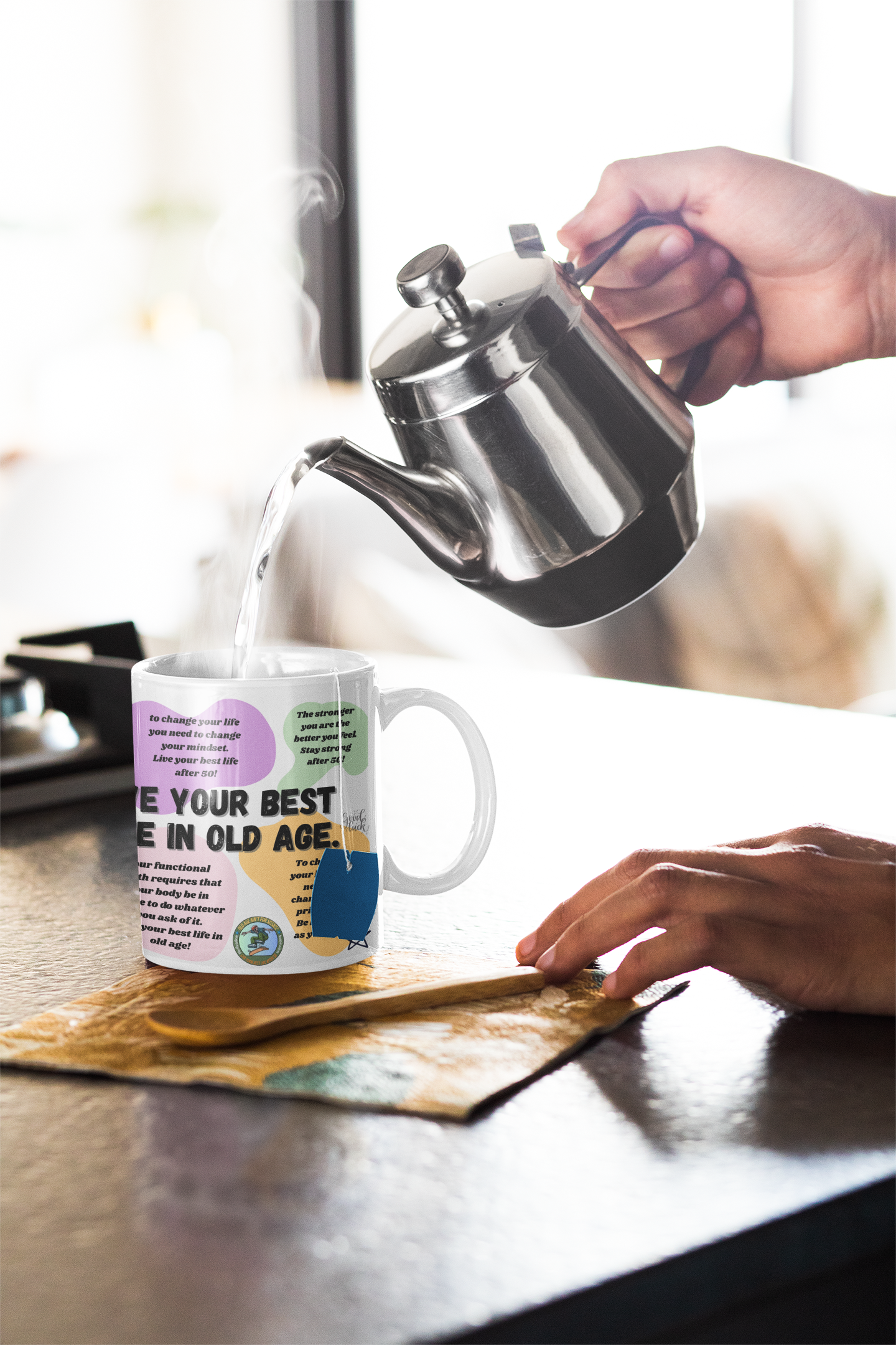 Seniors 15oz White Affirmation  Mug With Wraparound design-"Live Your Best Life In Old Age"