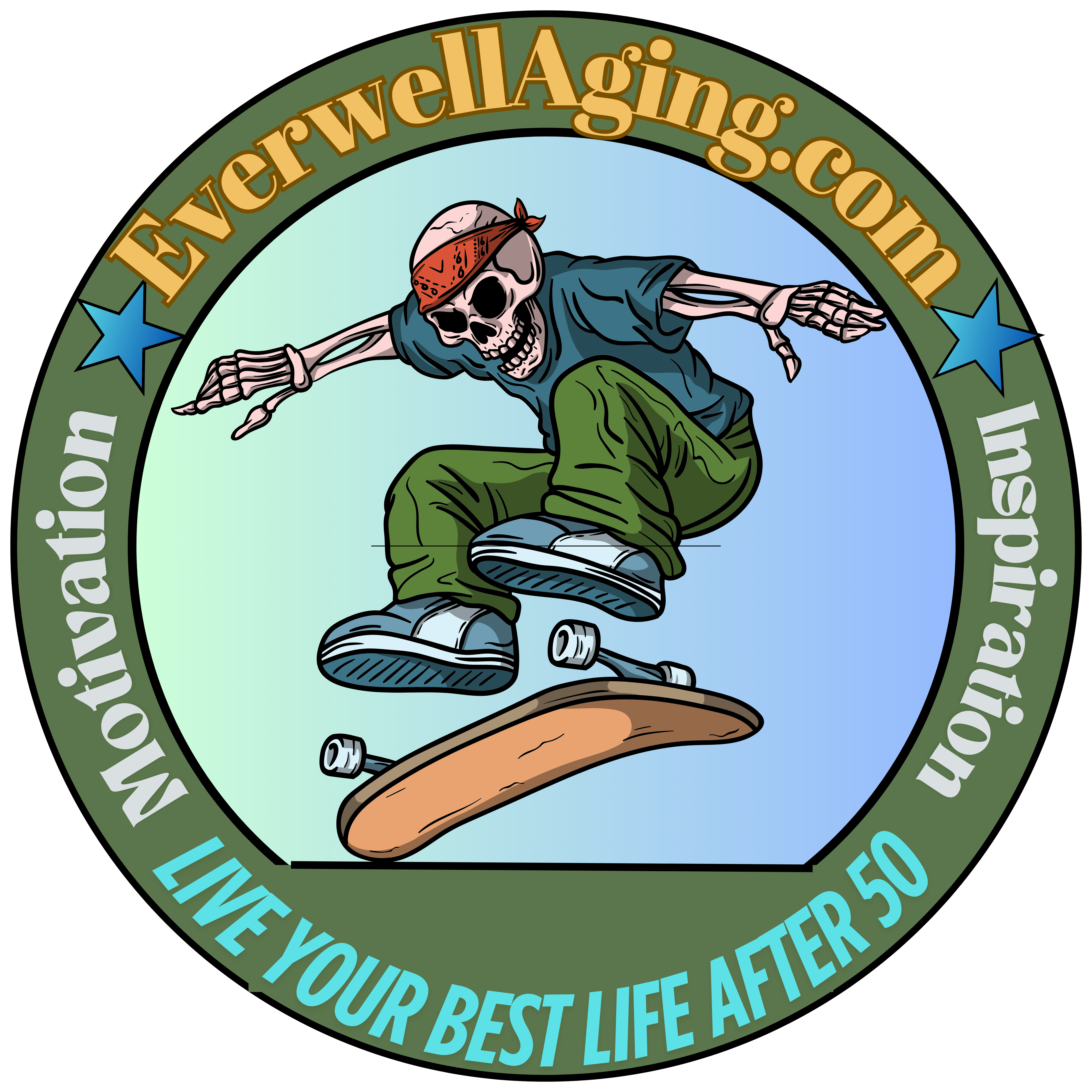 youthful looking skeleton flipping a skateboard for the everwellaging.com logo