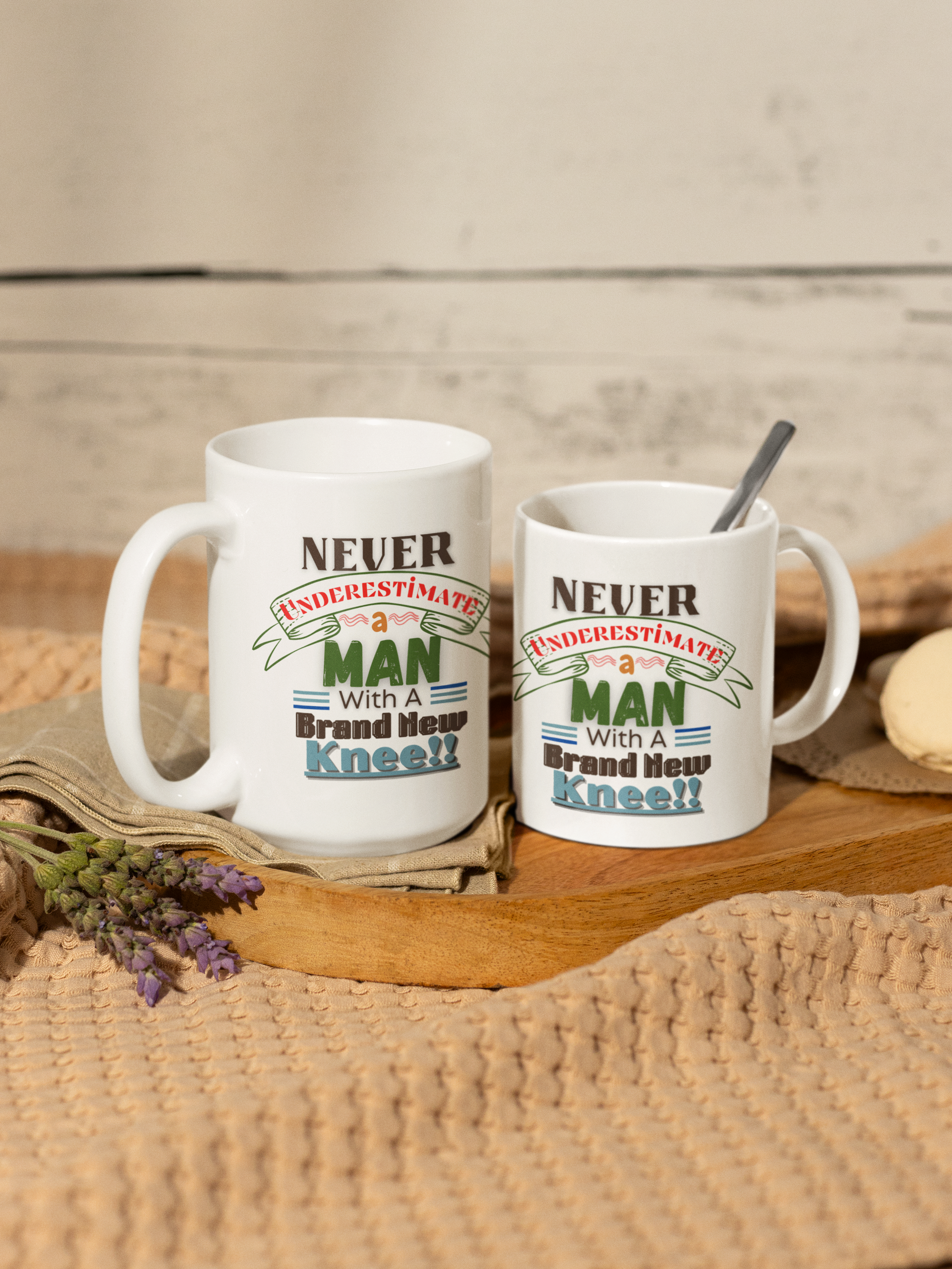 "Never Underestimate A Man..." 11oz or 15oz White mug. Post Surgery Gift For The Bionic Man With A New Knee