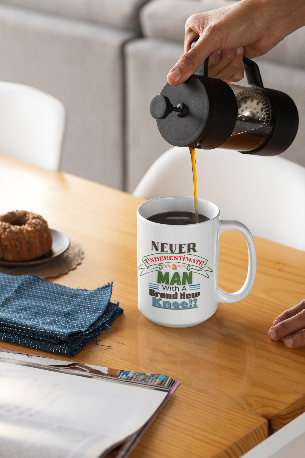 "Never Underestimate A Man..." 11oz or 15oz White mug. Post Surgery Gift For The Bionic Man With A New Knee